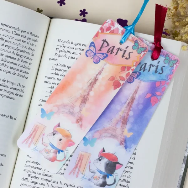 Marcapáginas de París con gato artista y la Torre Eiffel